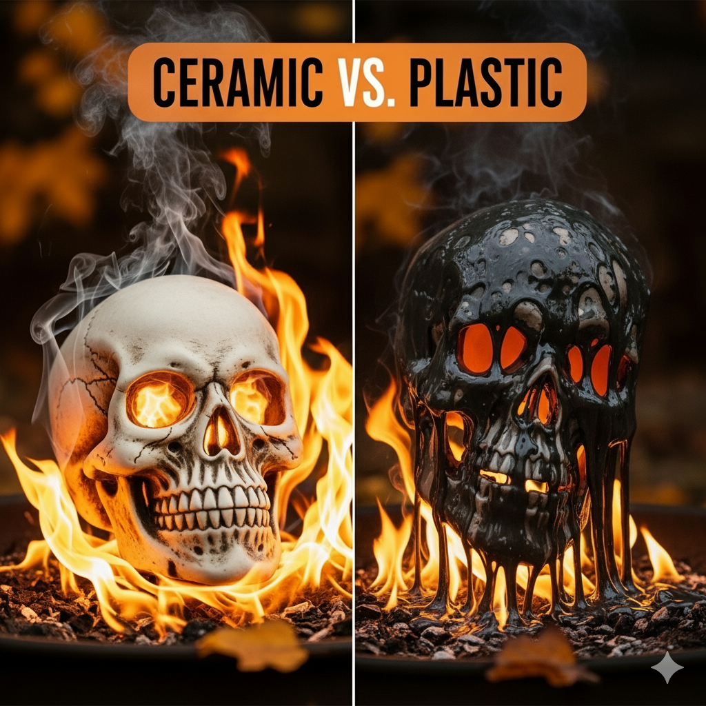 Ceramic Fire Pit Skull - Fireproof, Realistic Design Reusable Halloween Decor