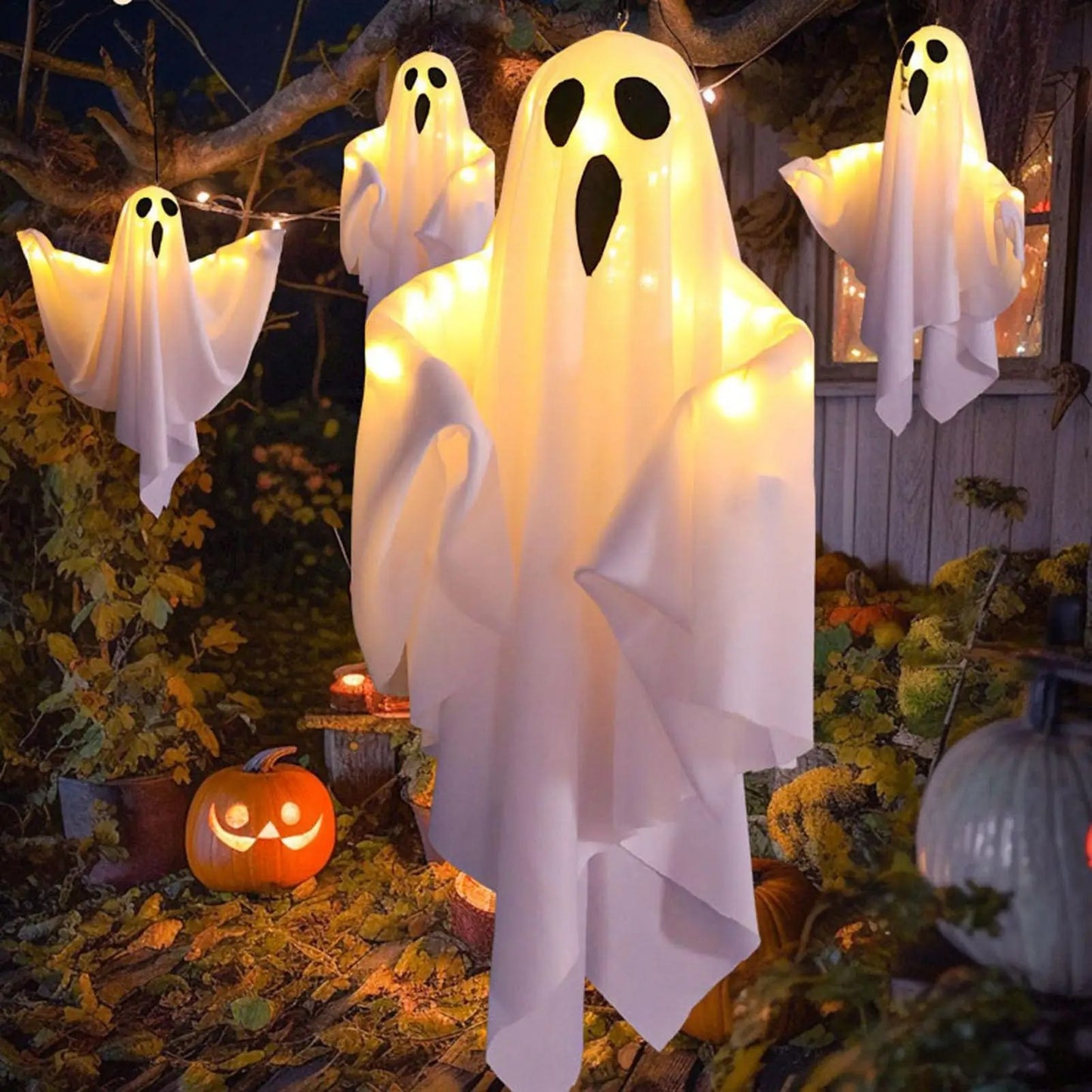 Halloween Hanging Light up Ghost with Spooky White LED Light, Halloween Hang