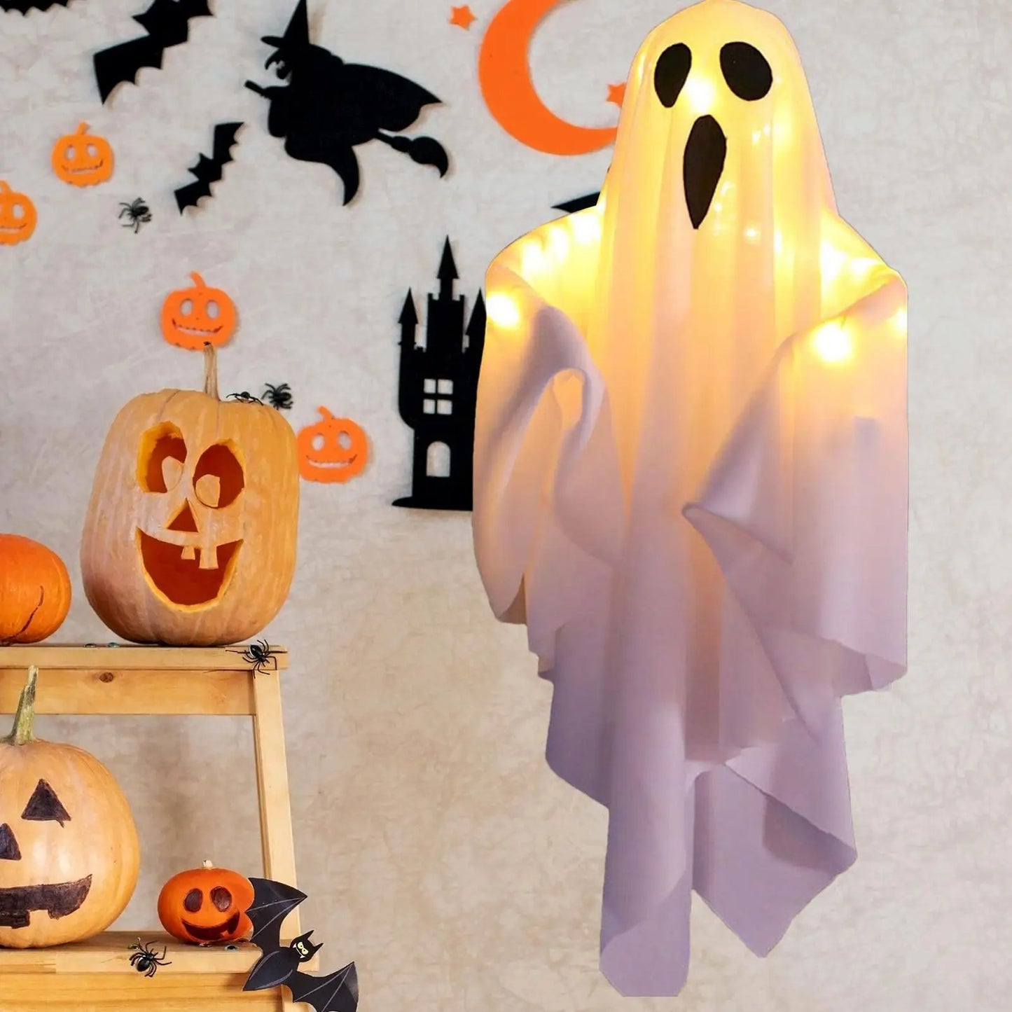 Halloween Hanging Light up Ghost with Spooky White LED Light, Halloween Hang