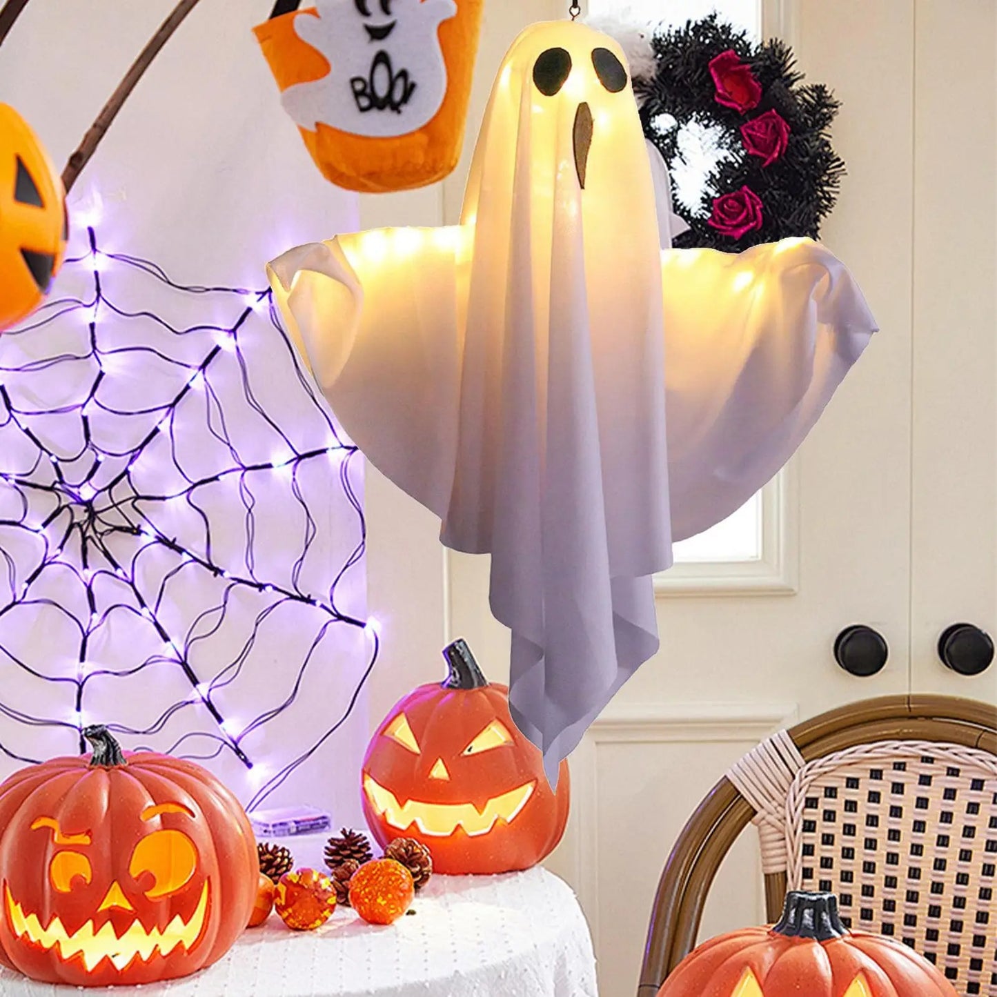 Halloween Hanging Light up Ghost with Spooky White LED Light, Halloween Hang