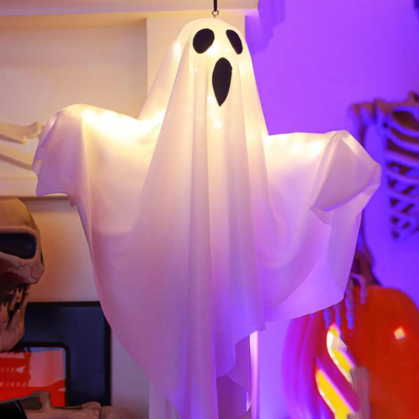 Halloween Hanging Light up Ghost with Spooky White LED Light, Halloween Hang