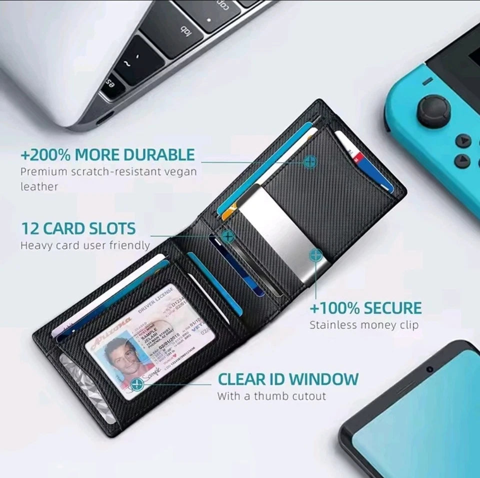 Men's Wallet Carbon Fiber RFID Blocking Slim Money Clip Card Holder Wallet